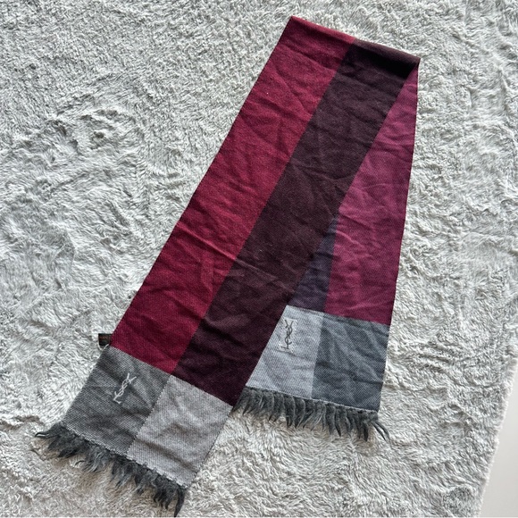 Yves Saint Laurent YSL Burgundy Red and Gray Fringe Fall Winter 100% Wool Scarf - Picture 1 of 4